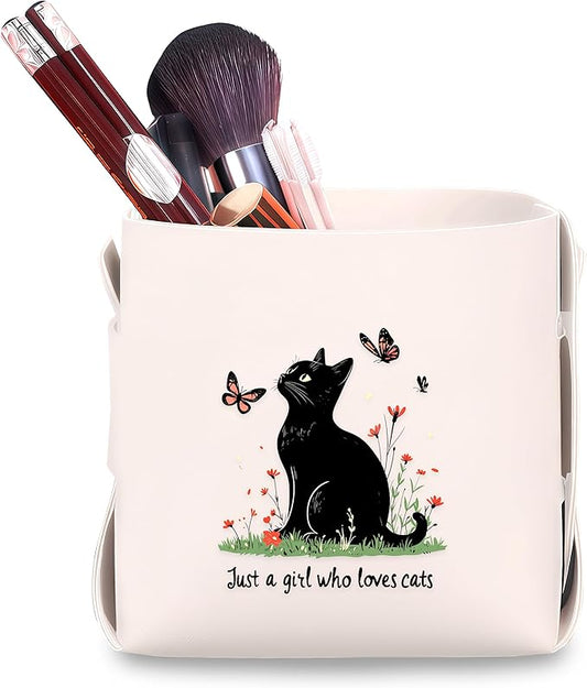 Cat Makeup Brush Holder, Decorative Desk Organizer for Jewelry Pen Pencil Glasses Storage, Cat Lovers Themed Gifts Stuff For Girls Teens Kids Women!