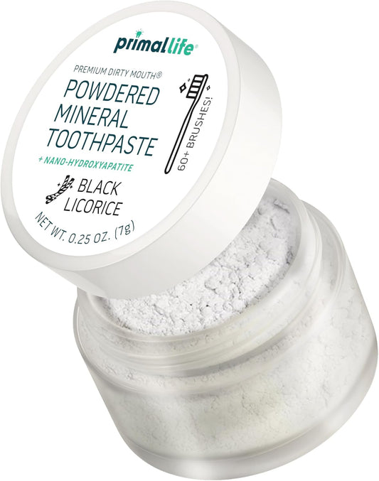 Primal Life Organics - Dirty Mouth Toothpowder, Tooth Cleaning Powder, Flavored Essential Oils with Natural Kaolin & Bentonite Clay, Good for 60+ Brushings, Organic, Vegan (Black Licorice, 0.25 oz)