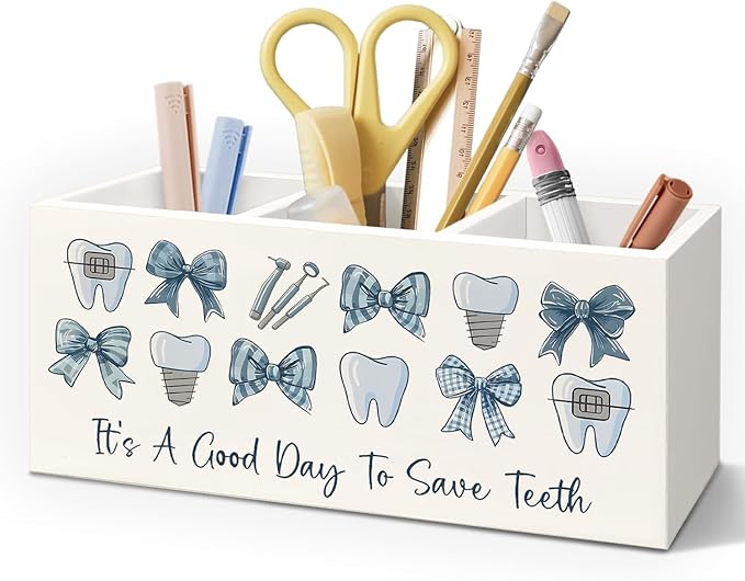 Dental Gifts Pen Pencil Holder for Desk, Dental Hygienist Gifts, Coquette Blue Bow Dentist Wooden Box Decorative Sign for Dentist Office Clinic Hospital Desk Tabletop Decor