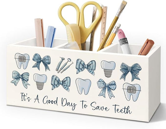 Dental Gifts Pen Pencil Holder for Desk, Dental Hygienist Gifts, Coquette Blue Bow Dentist Wooden Box Decorative Sign for Dentist Office Clinic Hospital Desk Tabletop Decor