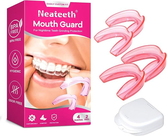 Mouth Guard for Grinding Teeth at Night, Mouthguard for Women, Night Guards for Clenching Teeth, 4 Pink Bite Dental Guards for Bruxism, 2 Sizes with One Travel Case