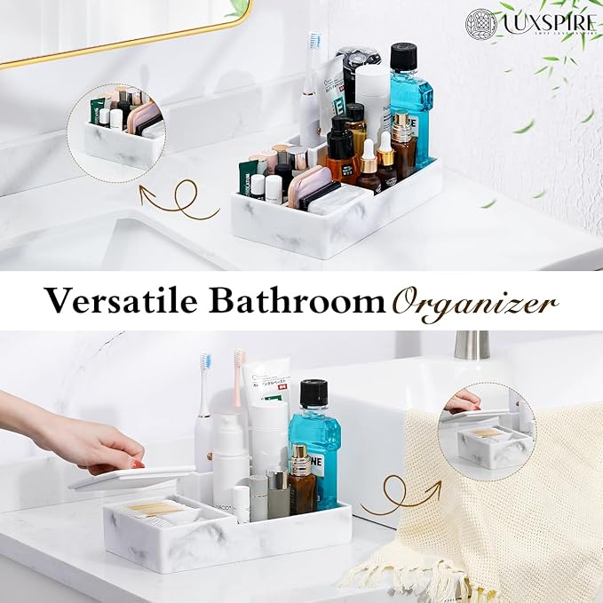 Luxspire Bathroom Counter Organizer, Marble Toothbrush Holder for Bathroom 6 Slot, Bathroom Vanity Organizer with Lid, Bathroom Organizer Countertop for Cotton Ball, Q-Tips, Floss, Gravel White