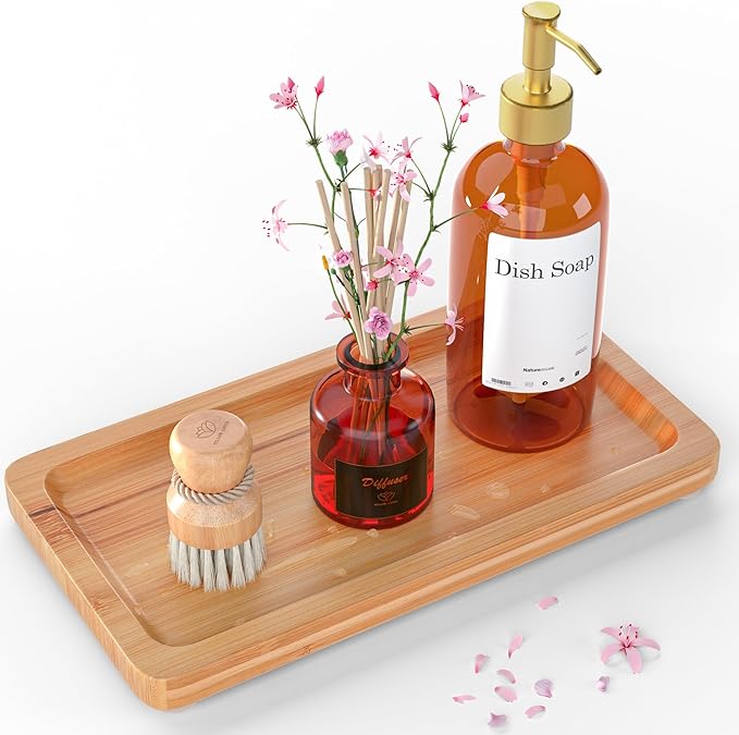 Bamboo Bathroom Accessories Set 2pcs - Wooden Bar Soap Dish Holder and Bamboo Tray for Bathroom, Kitchen Countertop, Shower, Neutral Kitchen Sink Dish Soap Tray, 9 inch, Natural