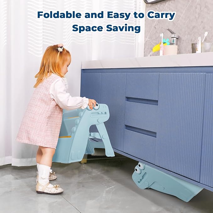 Onasti Toddler Step Stool Foldable Kids Step Stool,Bathroom Stool for Toddlers Non-Slip Toddler Step Stool for Bathroom Sink and Kitchen Counter with Cute Dinosaur Design(Blue)