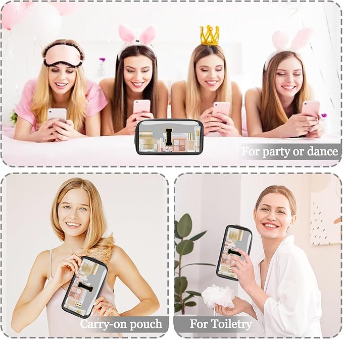 Small Clear Personalized Initial Makeup Bag,Nylon Preppy A-Z Chenille Letter Patch Cosmetic Pouch Beach Toiletry Bag,Waterproof Zipper Travel Purse Storage Bag Organizer for Women Girls(Black-Black I)