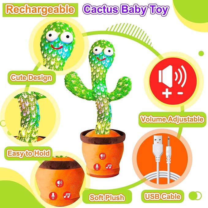Rechargeable Dancing Talking Cactus Toy for Baby, Volume Adjustable, Singing, Mimicking, Repeating, Kids Baby Toys for Girls Boys, Birthday or Chirstmas Gifts for Grandkids, Stocking Stuffers for Kids
