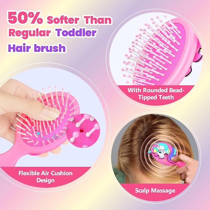 Toddler Hair Brush – Pink Mini Air Cushion Brush for Kids, Little Girls & Princesses – Gentle Detangling Comb for Wet & Dry Hair, Unicorn Hairbrush for Girls, Travel-Friendly
