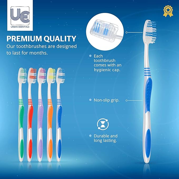 Urban Essentials Bulk Toothbrush Package with Covers | Premium Quality Individually Wrapped Colorful Tooth Brushes | Medium Soft Toothbrush Hygienic Cap for Donations, Travel, Hotels (25 Pack)