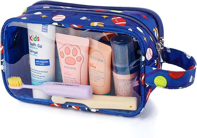Kids Toiletry Bag for Boys, Travel Clear Toiletry Bag for Little Young Boys Waterproof Hanging Wash Bag Toddler Traveling Toiletries, Blue Soccer Balls
