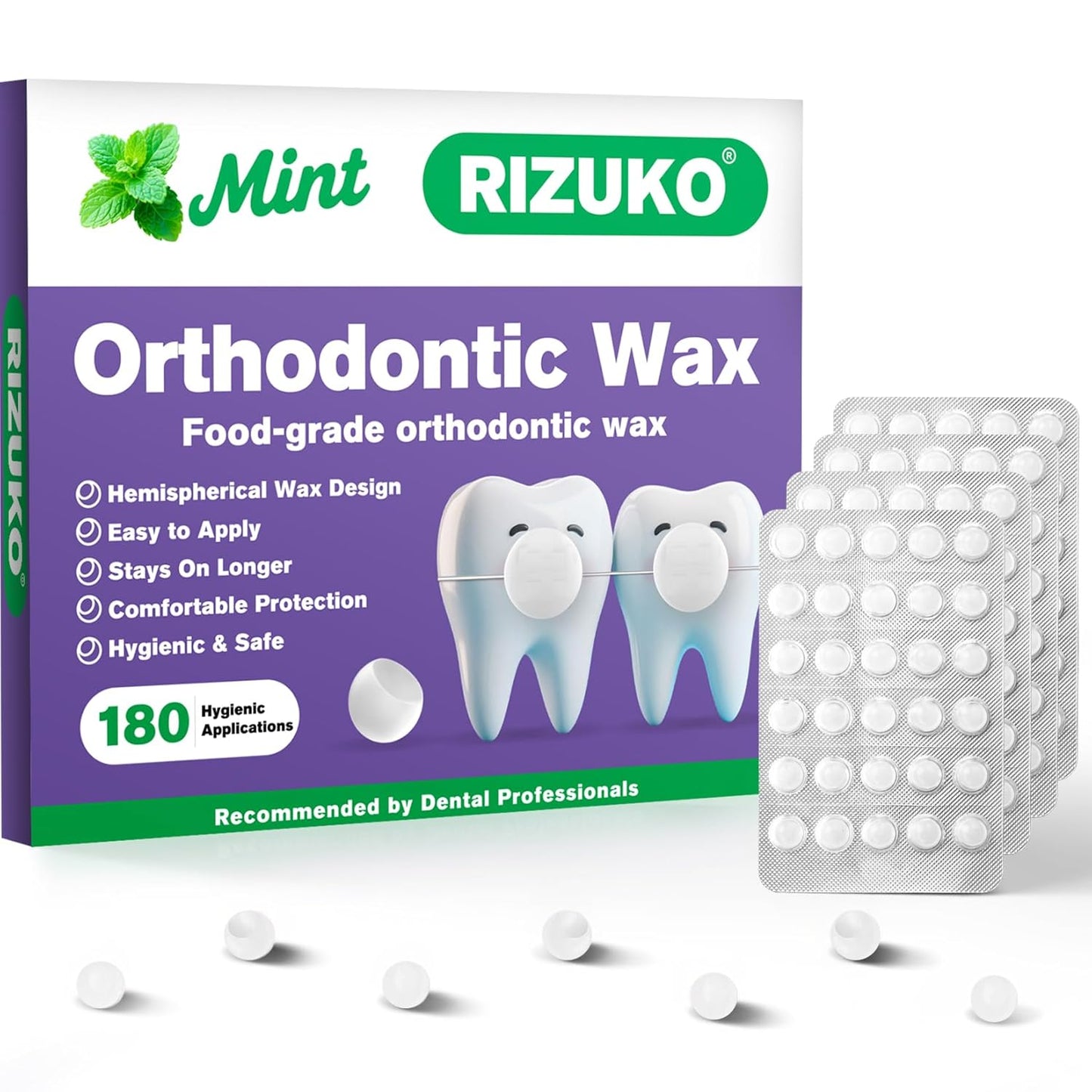 Orthodontic Wax for Braces - 180 Dental Wax Dots | Hygienic Individual Wraps, Mint Flavor
