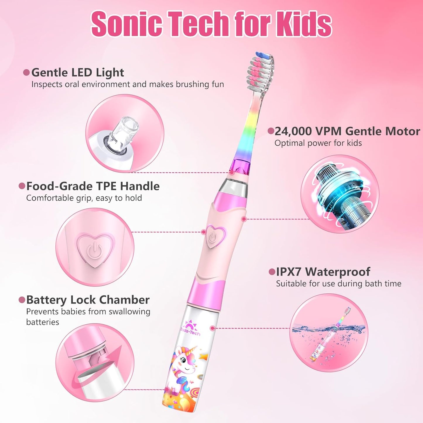 Kids Electric Toothbrush Toddler Toothbrush Age 2-4-8-12 Electric Toothbrush Kids with Timer Rainbow LED Light Up Vibrating Toothbrush Battery Operated Childrens Girls Sonic Tooth Brush (Pink Unicorn)