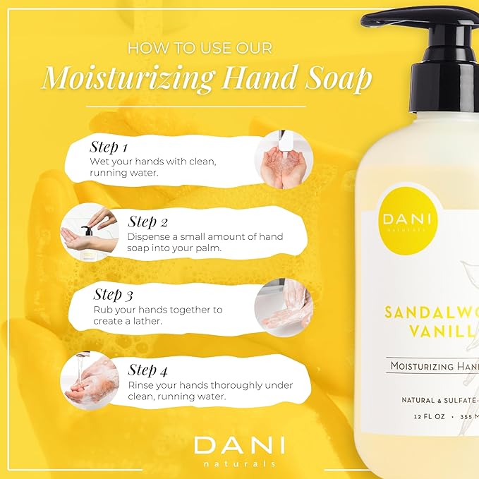 DANI Naturals Moisturizing Hand Soap – Sandalwood Vanilla Scent, Hydrating, Sulfate-Free & Paraben-Free, 12 Oz Bottle with Pump, Gentle Cleansing for Dry Skin