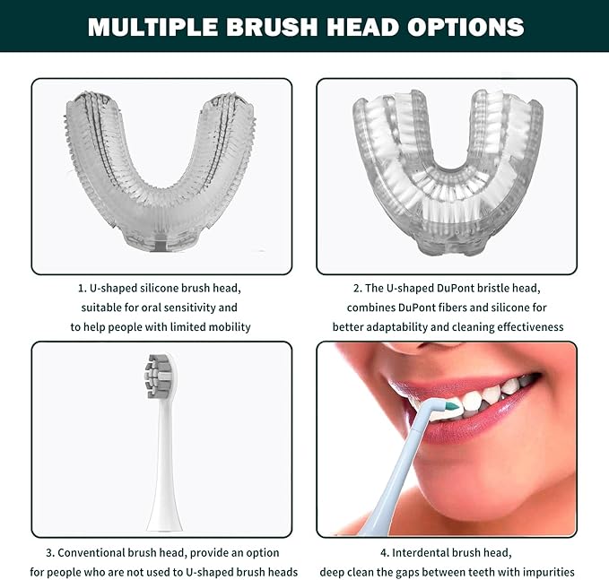 360° U-Shaped Toothbrush for Adults, Suitable for People with Limited Mobility Original Newupgrade Automatic Electric Toothbrushes, Multiple Brush Heads Options,IPX7 Waterproof