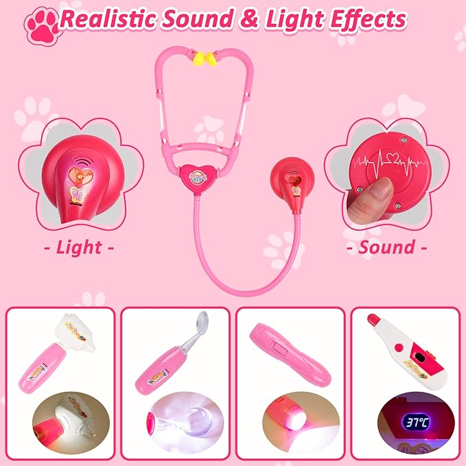 Liberry Doctor Kit for Toddlers Age 3 4 5 6, 26 Pcs Kids Doctor Playset with Dog Toy, Stethoscope and Dress Up Costume, Pretend Play Medical for Girls, Pink