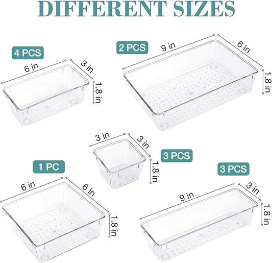 13 PCS Drawer Organizer Set, 5 Varied Size Bathroom and kitchen Drawer cabinet organizer Trays, Clear Storage Bins for Makeup, Jewelry, Utensils and Gadgets