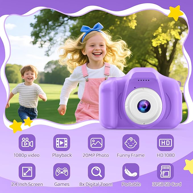 Kids Camera for Girls, 1080P HD Digital Camera with 32GB SD Card, 8MP Sky Purple Camera Toy for 3-12 Year Old Girls, Birthday Gift with 6 Filters, 20 Frames Video (Light Purple)