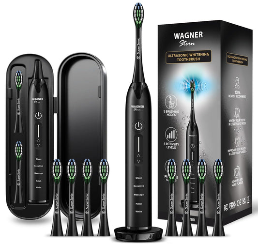 Wagner Stern Ultrasonic whitening Toothbrush with Pressure Sensor. 5 Brushing Modes and 4 Levels of Intensity, 8 Soft bristles, Travel case.