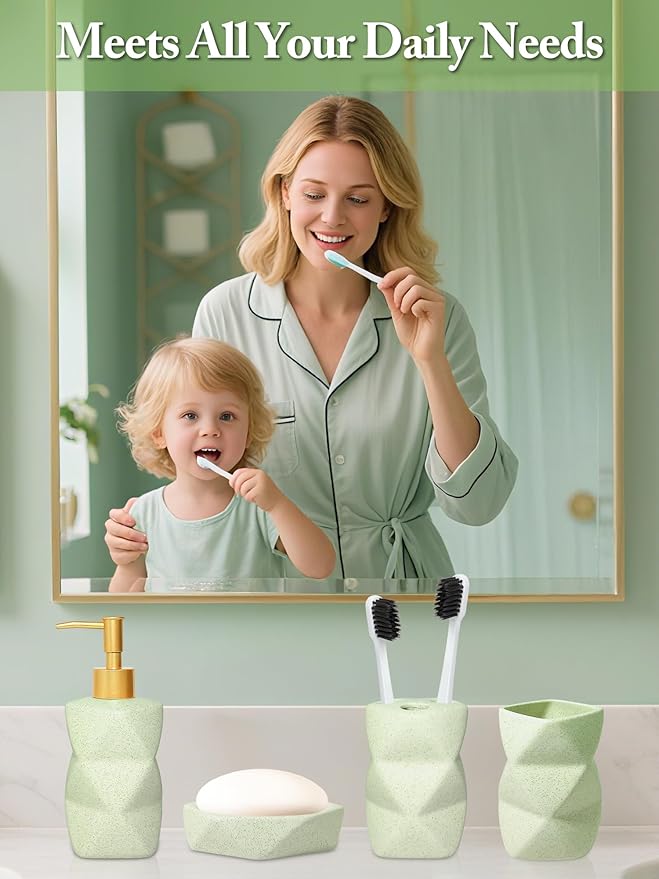 Bathroom Accessories Set,4 Pcs Bathroom Accessory Set,Includes Lotion Soap Dispenser,Toothbrush Holder,Tumbler,Soap Dish,Ceramic Bathroom Sets Complete,Bathroom Sink Set for Modern Home Decor(Green)