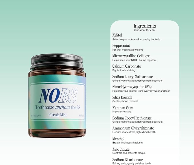 NOBS (No Bad Stuff) Toothpaste Tablets - Nano Hydroxyapatite, Fluoride & Plastic Free, Eco & Travel Friendly - Remineralize with NHA (3 Month)