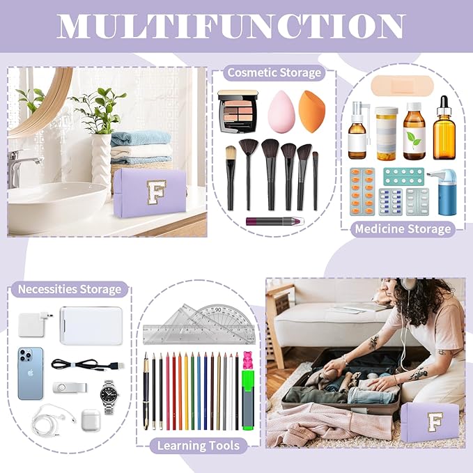 Personalized Makeup Bag Initial A-Z Preppy Patch Bag,Small PU Leather Travel Cosmetic Bag Pouch with Zipper,Purple Cute Toiletry Bag,Gift Ideal for Teen Girls Women Birthday Friend Mom,Latter F