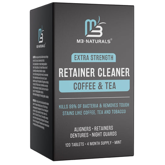 Coffee and Tea Retainer Cleaner Tablets, Removes Odors, Stains, and Plaque, 4-Month Supply, Denture Cleanser for Caffeine Enthusiasts, 120 Tablets by M3 Naturals