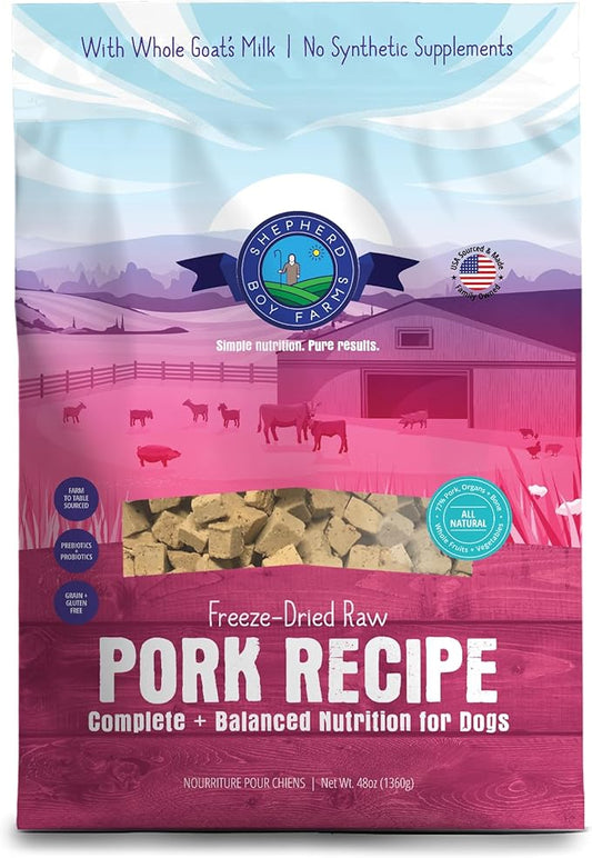 Shepherd Boy Farms Freeze Dried Raw Dog Food, Pork Recipe, All Natural, No Synthetics, Made in USA with Goat's Milk & Organic Produce, High Protein, Complete Meal (48oz)