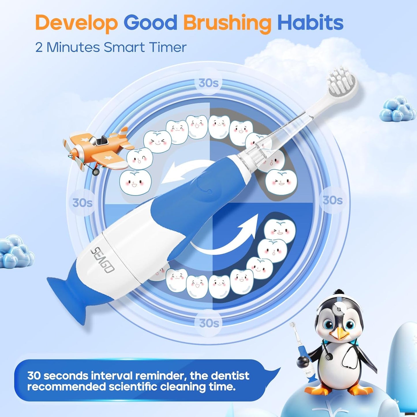 SEAGO Toddler Electric Toothbrushes for Baby Ages 0-3 Years, Baby Toothbrush with Smart Timer and Suction Base, 4 Replacement Brush Heads SG-513 (Navy-C)