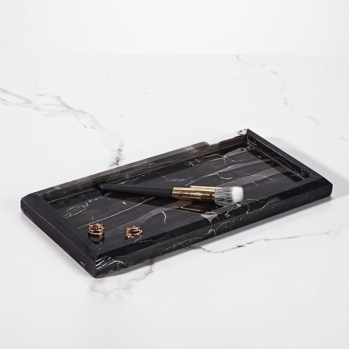 Black Marble Tray for Bathroom, Organic Natural Texture Marble Catchall Tray, Rectangular Durable Heavy Duty Jewelry Storage Platter, Marble Countertop Organizer for Dresser, Home Decor