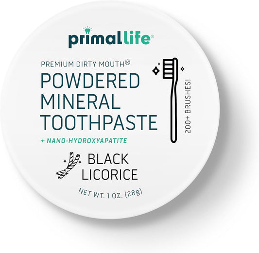 Primal Life Organics - Dirty Mouth Toothpowder, Tooth Cleaning Powder, Flavored Essential Oils with Natural Kaolin & Bentonite Clay, Good for 200+ Brushings, Organic, Vegan (Black Licorice, 1 oz)