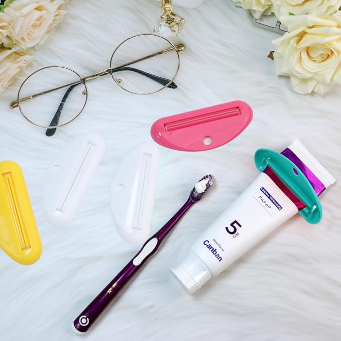 5Pcs Plastic Tooth Paste Tube Squeezer Dispenser, Hanging Roller Tube Squeezer Holder for Saving Toothpaste Creams, Facial Cleanser and Paint, Kid-Friendly Bathroom Accessory (Opaque)