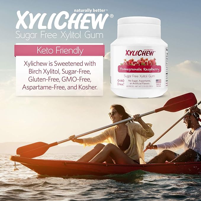 Xylichew 100% Xylitol Chewing Gum - Non GMO, Non Aspartame, Gluten Free, and Sugar Free Gum - Natural Oral Care, Relieves Bad Breath and Dry Mouth - Pomegranate Raspberry, 240 Count