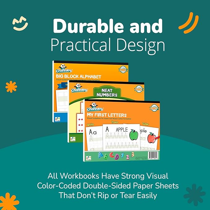Channie's PreK Kindergarten Handwriting Visual Alphabets & Numbers Learning & Tracing Workbooks, 3 Pack - Alphabet & Numbers Preschool Workbook for Homeschool and After School