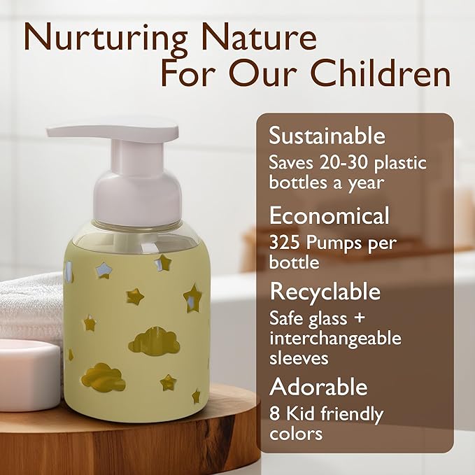 SoCal Suds & Company Glass Foaming Hand Soap Dispenser, Soft Grip Silicone Sleeve, Refillable Pump Bottle for Kids, Baby Wash & Shampoo, Ideal for Home Use, Light Yellow 8oz