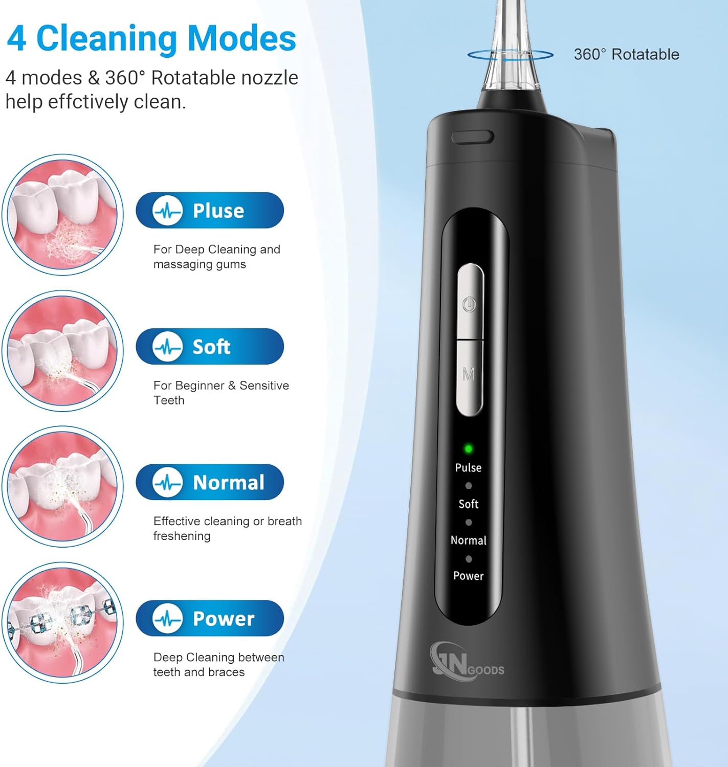Cordless Water Dental Flosser Oral irrigator,JNGOODS 300ml Rechargeable Water flosser for Teeth IPX7 Waterproof 4 Modes Portable Oral Irrigator with 4 Jet Tips, Travel Home use (Black)