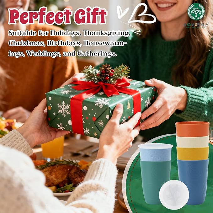 Homienly 16 OZ Wheat Straw Cups for Kitchen, Drinking Cups with Lid Set of 6, Unbreakable Cup Set Reusable, Stackable Water Tumblers (Recommend Fill Volume 12 OZ) - Colorful