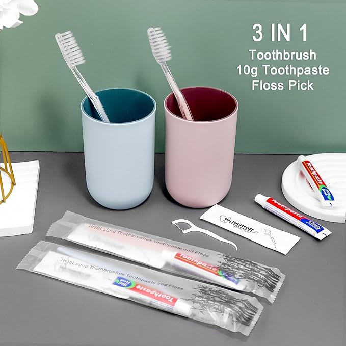 50 Pack Disposable Toothbrushes with Toothpaste Floss Individually Wrapped, 2 Color Toothbrush,10g Toothpaste,Floss Pick,Bulk Toothbrush Kit for Homeless,Airbnb,Hotel,Guest