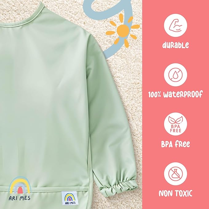 ARI MES Long Sleeves Waterproof Baby Bibs for Eating - Green, Small - Wearable, Coverall for Toddler, Long Sleeve Bib, Smock Apron for Feeding - Applicable for 6-72 Months
