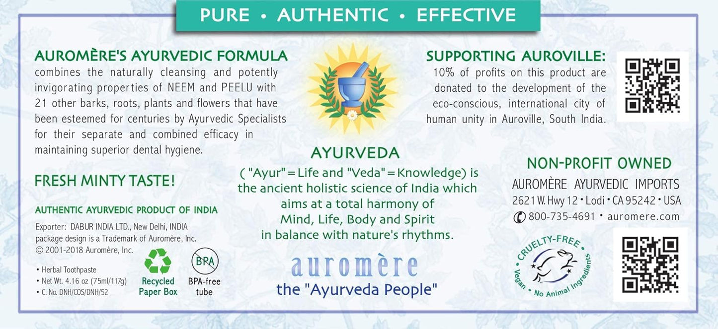 Auromere Ayurvedic Herbal Toothpaste, Fresh Mint - Vegan, Natural, Non GMO, Flouride Free, Gluten Free, with Neem & Peelu (4.16 oz), 5 Pack
