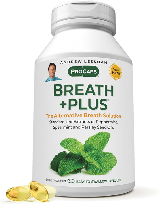ANDREW LESSMAN Breath Plus 60 Softgels - Natural Breath Freshener, Helps Eliminate Odors from Food, Smoking, Morning Breath from The Inside Out. Peppermint, Spearmint. Easy to Swallow Softgels