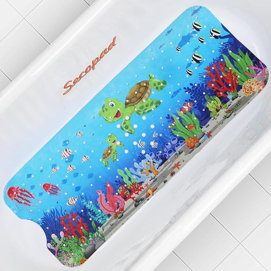 Bath Mat for Tub Non Slip, Machine Washable Anti-Slip Cartoon Baby Bathtub Shower Mat with Drain Holes and Suction Cups for Toddler & Kids (40 Inch x 16 Inch-Rectangular, Turtles)