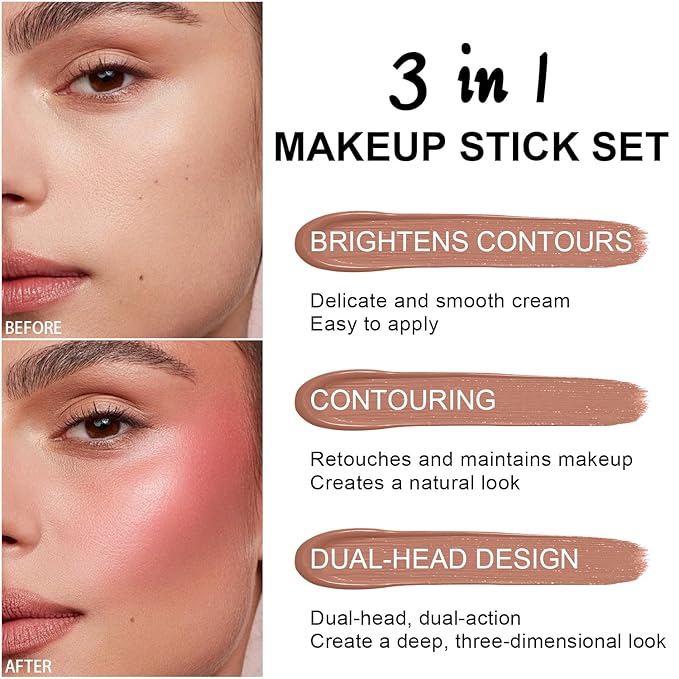 6 Colors Cream Contour Stick Makeup Kit,Shades with Highlighter,Blush,Bronzer Contour Stick for Sculpt the Cheeks,Long Lasting,Waterproof,Matte & Dewy Finish for Woman (SET A)