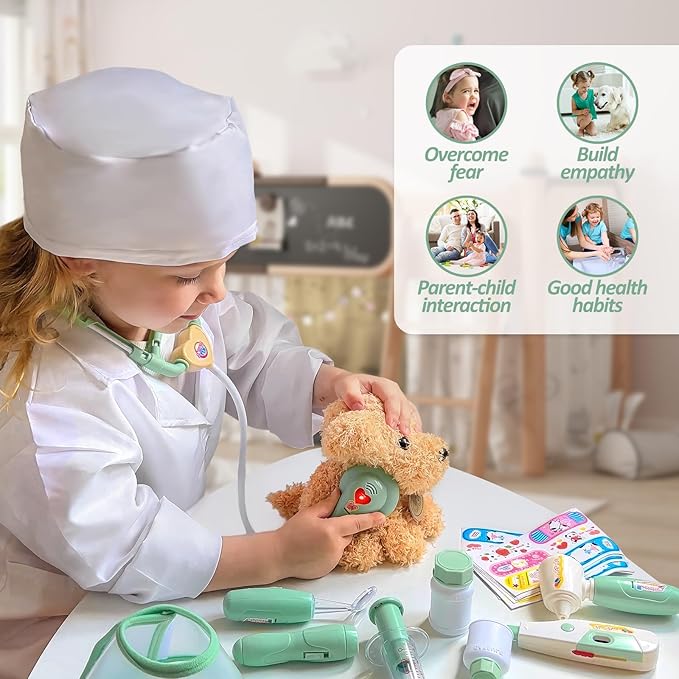 Liberry Doctor Kit for Toddlers 3 4 5 6 Years Old, 26 Pcs Kids Doctor Playset with Dog Toy, Stethoscope and Dress Up Costume, Pretend Play Medical for Boys Girls (Green)