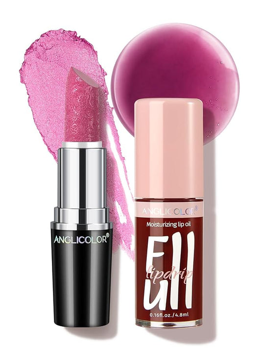 Anglicolor 2PC Lip Oil and Metallic Glitter Pink Lipstick,Natural Lip Plumper,Fruit Flavoured Lip Oil,For Dry Lip's Moisturizing Hydrating,Vegan & Cruelty-free (04 Medusa+15)