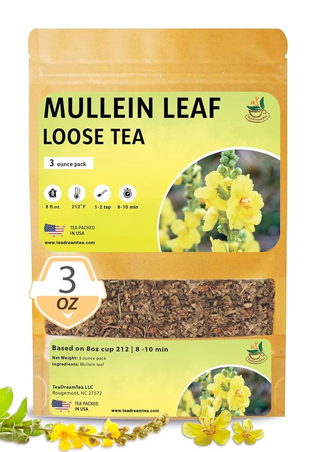 TeaDreamTea Dried Mullein Herbal Tea - Natural Mullein Flowers 3 OZ Loose Tea - Caffeine-Free - Pure Natural Premium Mullein Leaf - Mullein Herbal Teas with Cleanse Detox & Respiratory Support Effect