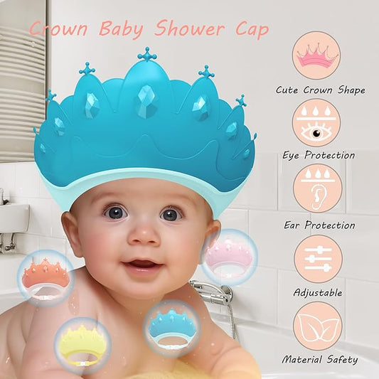 Baby Shower Cap Shield, Baby bath set shower cap, Visor Hat for Eye and Ear Protection for 0-9 Years Old Children,Cute Crown Shape Makes the Baby Bath More Fun (Blue)