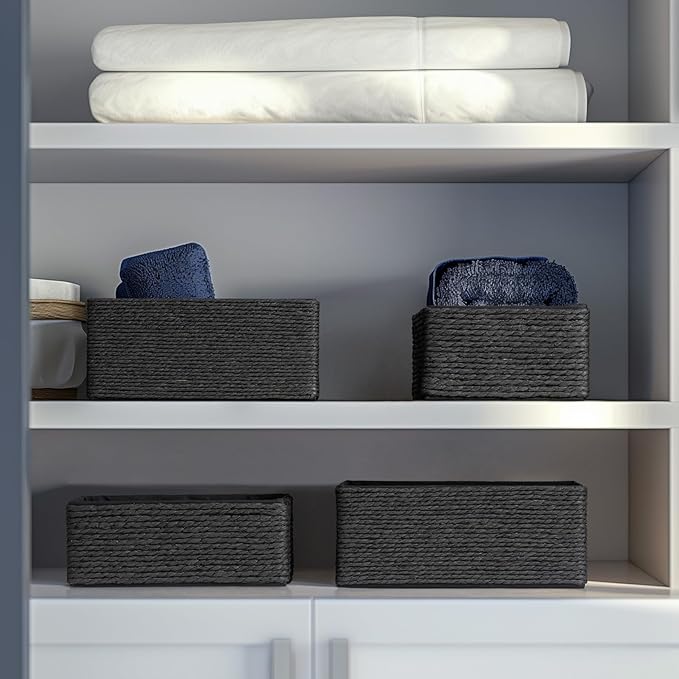 LA JOLIE MUSE Storage Baskets Set 4 - Sturdy Woven Paper Rope Decorative, Stackable Wicker Baskets for Makeup Closet Bathroom Bedroom (Ebony Black)