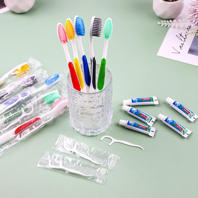 Disposable Toothbrushes with Toothpaste and Floss,50 Pcs 3 in 1 Individually Wrapped Single Use Travel Toothbrushes and Dental Floss Kit Bulk for Homeless,Guests,Dentist,Hotel(5 Colors)