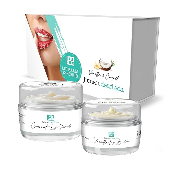 Juman Dead Sea Minerals Lip Scrub & Balm Set | Lip Exfoliator Scrub & Moisturizing Lip Balm | Vanilla & Coconut | Hydrates & Protects | With Essential Oils | Vegan | SLS & Paraben-Free