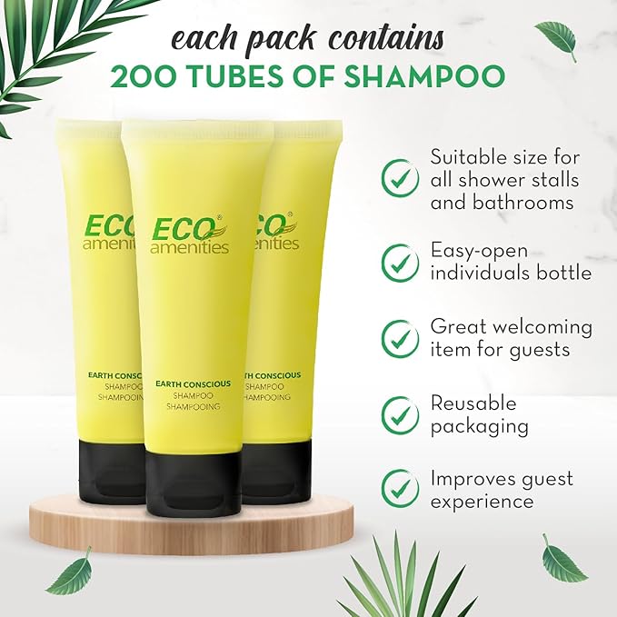 ECO amenities Shampoo Travel Bulk - 1 fl oz (30 ml) - 200 Count Clear Flip Cap Tubes - Hotel Shampoo Bulk Supplies & Eco-Friendly Toiletries - Green Tea Scent