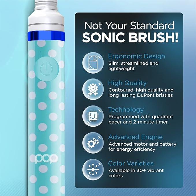 Pop Sonic Electric Toothbrush (Blue Dots) - Travel Toothbrushes w/AAA Battery | Kids Electric Toothbrushes with 2 Speed & 15,000-30,000 Strokes/Minute, Dupont Nylon Bristles